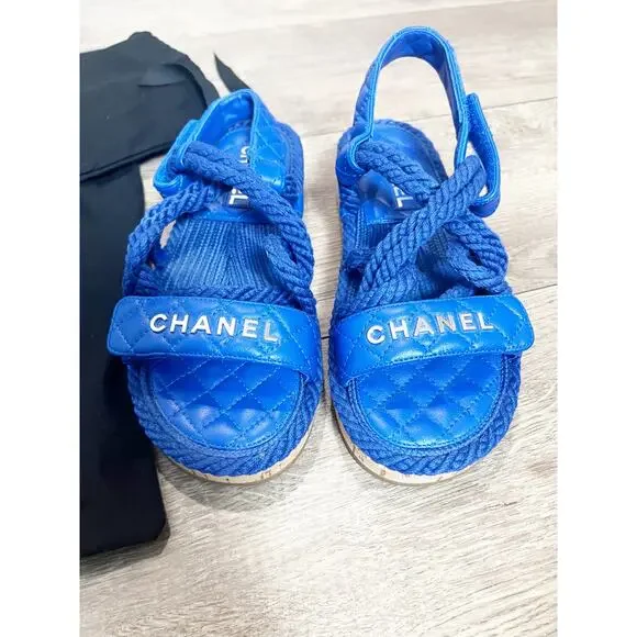 CHANEL Blue Cord Lambskin Quilted Cork PlatformLogo Sandals Size 6.5